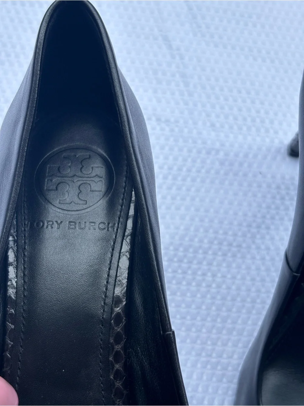 Tory Burch Black Mabel Watersnake Heel Pointed-Toe Leather Pumps